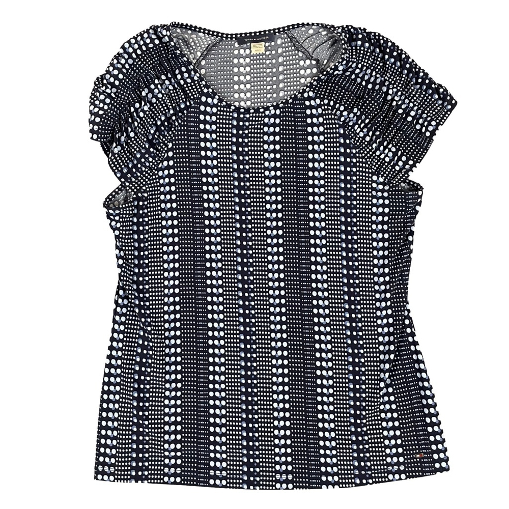 Tommy Hilfiger Womens Medium Navy White Dot Stretch Short Sleeve Top - Picture 1 of 10